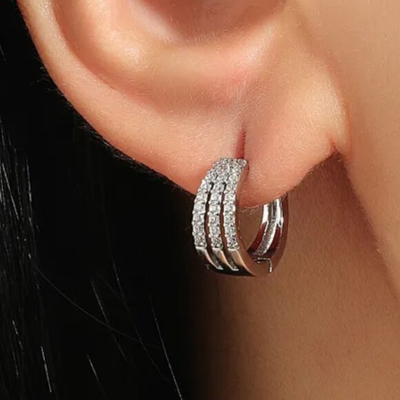 3/$35 Copper Triple Row Earrings Dainty Silver Cubic Zirconia CZ Hoop Huggies - Picture 6 of 6